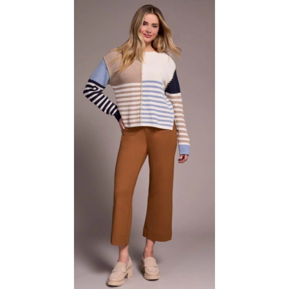 Tribal Multi Stripe‎ Stitched Boat Neck Sweater Long Sleeve Pullover Women's P/S